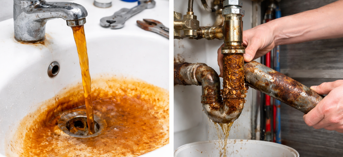 Ржавая вода течет из крана в раковину из-за коррозии водопроводных труб
