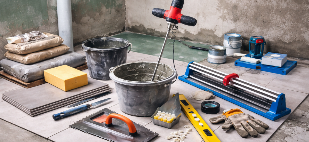 Инструменты и материалы для подготовки к укладке плитки на полу в помещении перед ремонтом.