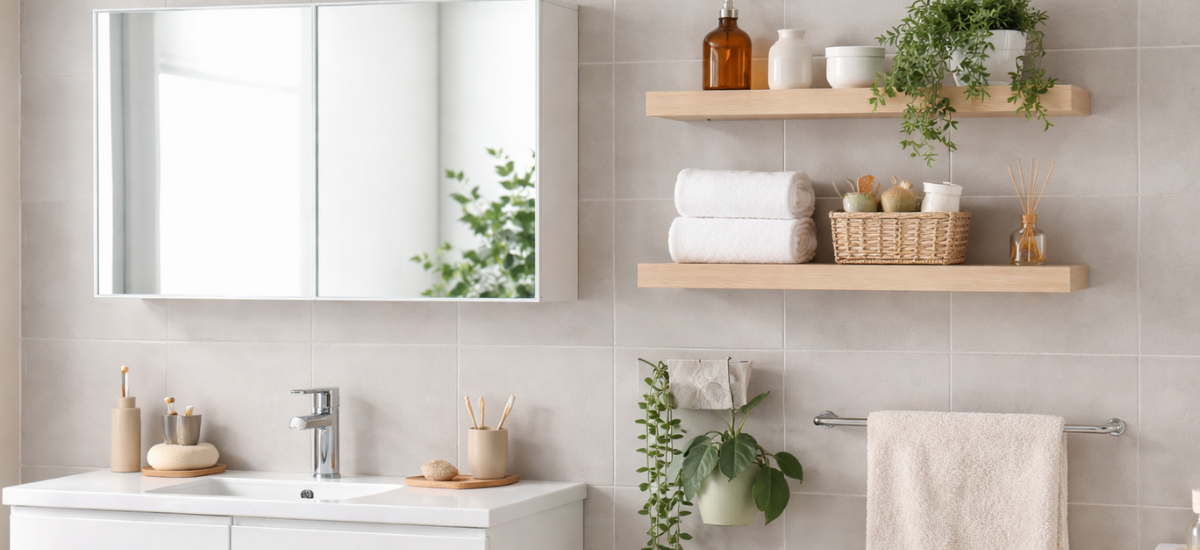 Подвесной шкафчик и настенные полки в современной ванной комнате