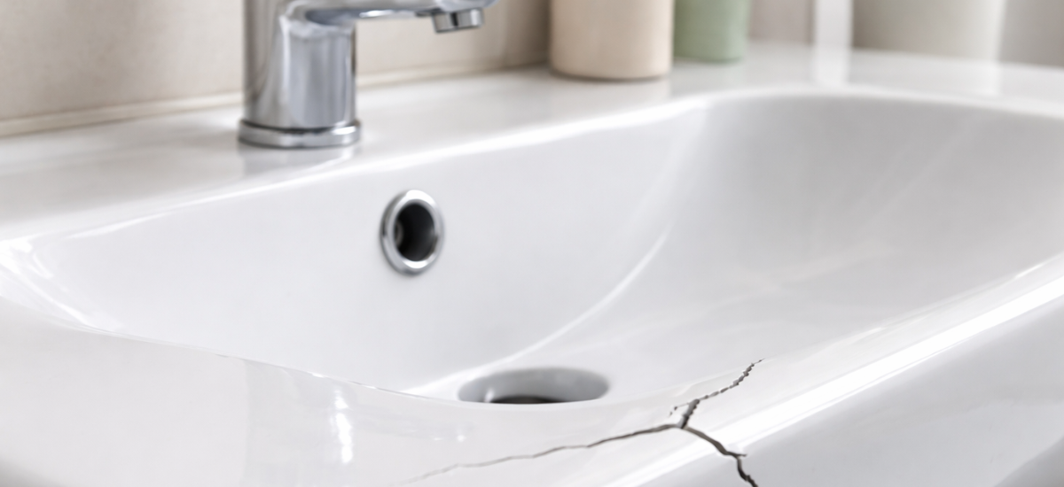 Трещина на керамической раковине в ванной комнате крупным планом