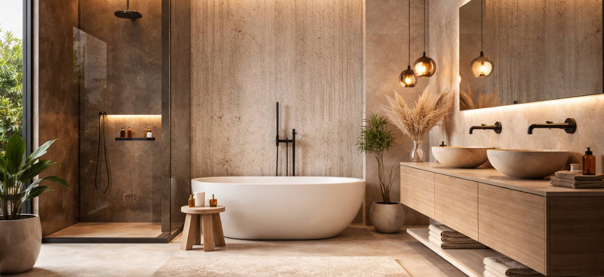 Современная ванная комната с freestanding ванной, душевой кабиной и минималистичной мебелью в натуральных оттенках.