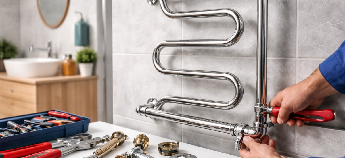 Процесс замены водяного полотенцесушителя в ванной комнате с использованием сантехнического инструмента