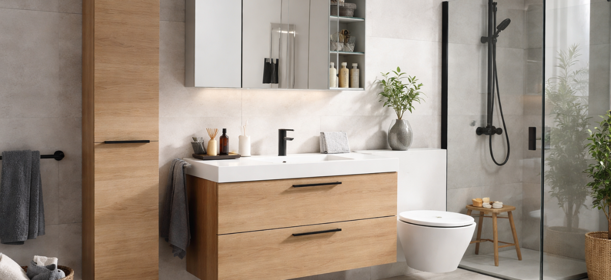 Мебель для ванной комнаты с тумбой и зеркальным шкафом в современном стиле